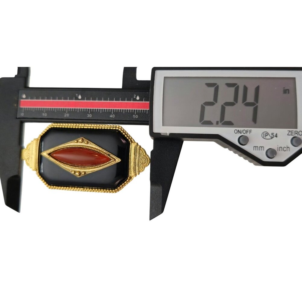 1928 Brand Art Deco Style Oval Cornelian Glass Bar Brooch Black Lucite Pin C867 - Picture 7 of 9